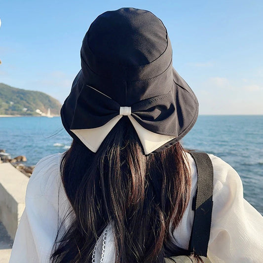 RICYGVM Sweet Bow Women Fisherman Cap Cotton Large Brim Sunshade Basin Hat Korean Girl Outdoor Beach Travel Sunscreen Visors 모자