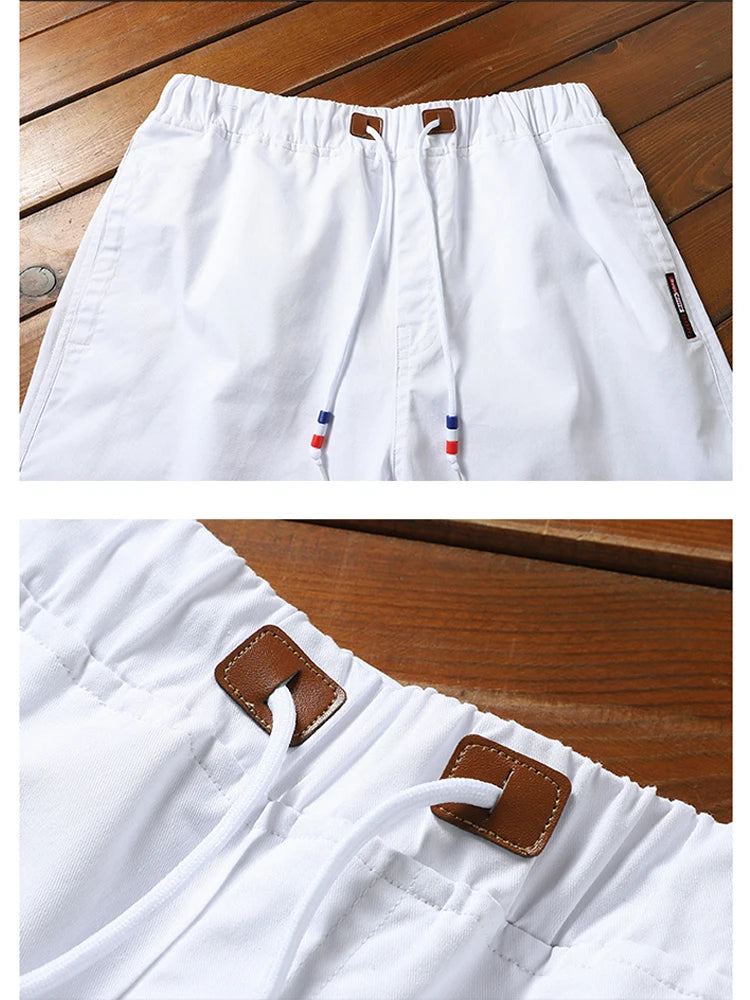 6XL White Shorts Men Summer Cotton Knee Length Shorts Bermudas Korean Fashion Elastic Waist Drawstring Short Pants