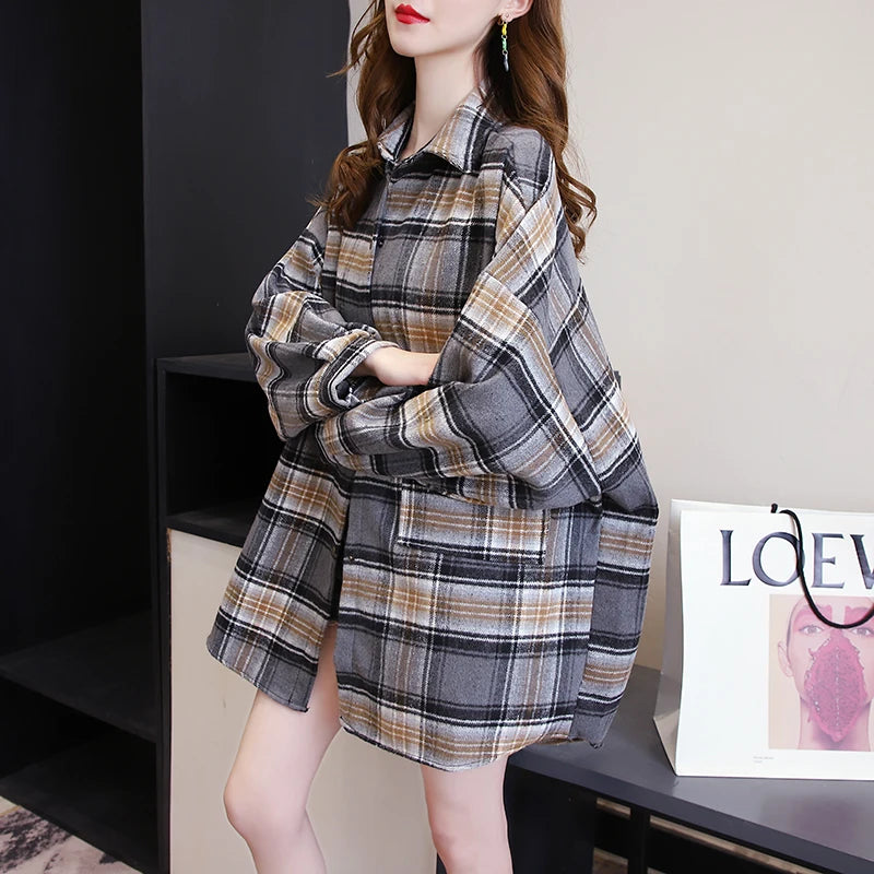 Koszula w kratę Kobiety jesienne długie rękawie Top żeńska moda moda pojedyncza piersi panie w stylu Preppy Style luźne koszule