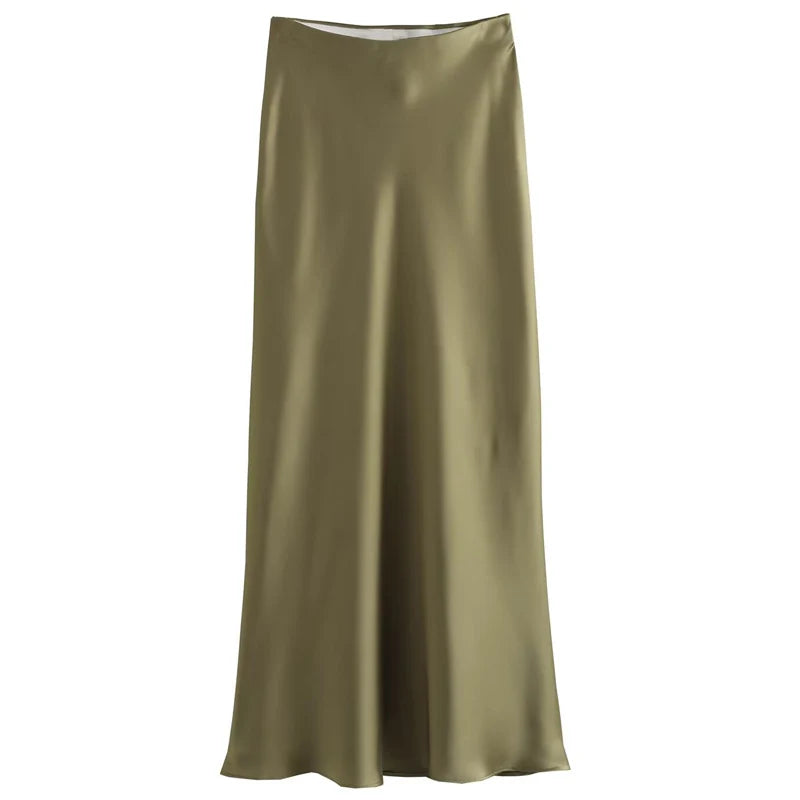 HXAO Women's Satin Long Skirts Black White Green Khaki Skirt Summer Elegant Women's Skirts Luxury Smooth High Waist Skirts 066