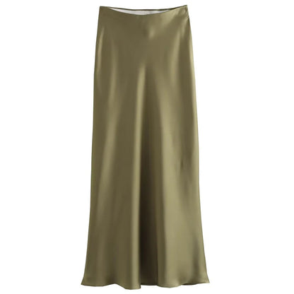 HXAO Women's Satin Long Skirts Black White Green Khaki Skirt Summer Elegant Women's Skirts Luxury Smooth High Waist Skirts 066