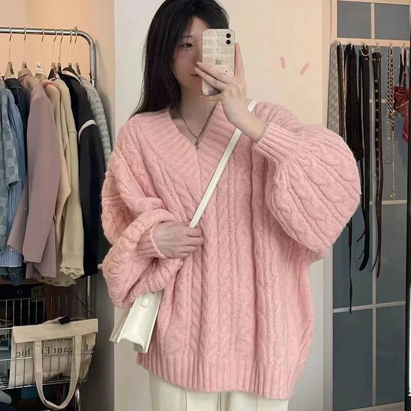 Haust vetrar konur peysa harajuku stór prjónað pullovers kóreska langerma v háls prjóna preppy solid laus stökkvari