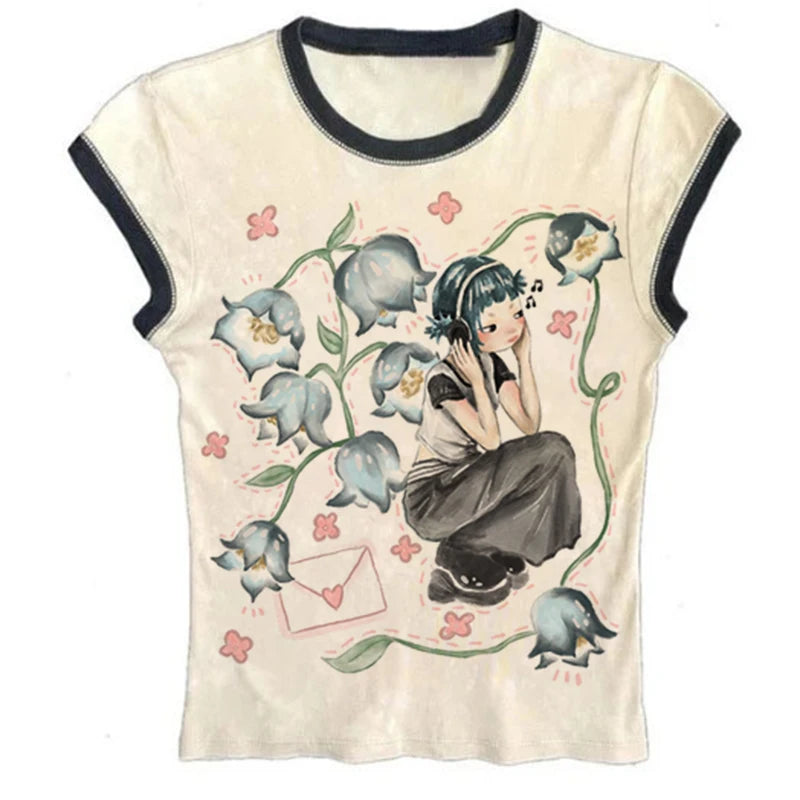 Y2K Korean Popular Clothes Emo Eesthetic Summer Baby Tee Streetwear Gothic Harajuku Graphic Print Тениска жени винтидж реколта отгоре