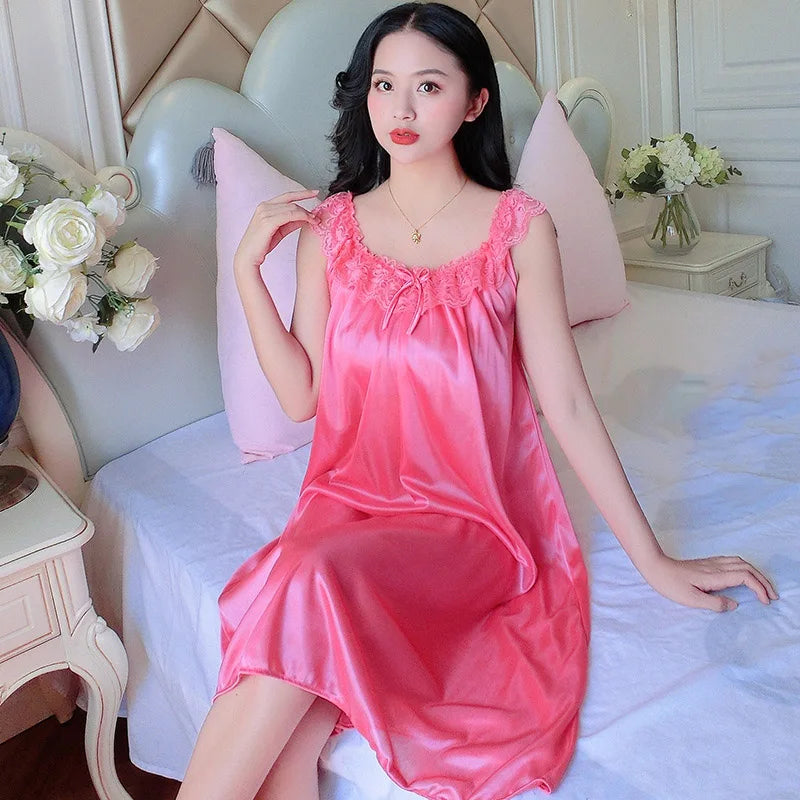 Summer Women Nightgown New Brides Wedding Lace Sexy Ice Silk Nightdress Loose Large Size Simulation Silk Nightgown Home Service