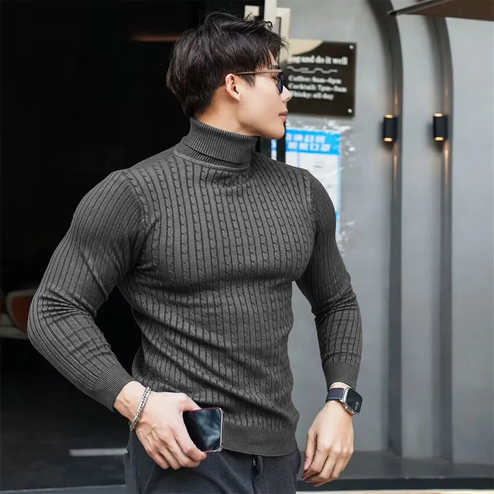 Nya mäns Turtleneck -tröjor Höststickad randig streetwear varm långärmad pullover fast färg Basic Style Casual Tops