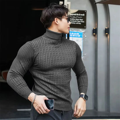Nya mäns Turtleneck -tröjor Höststickad randig streetwear varm långärmad pullover fast färg Basic Style Casual Tops