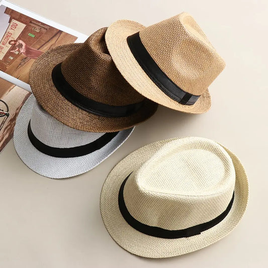Fashion Straw Panama Cap Summer Beach Wide Brim Sun Hat Gangster Cap Unisex Jazz Dress Hat Cowboy Fedora Hat