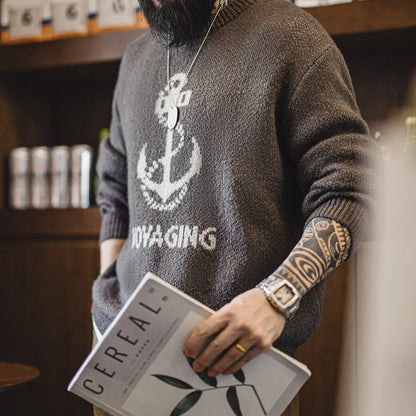Maden retro gebreide bedrukte trui veelzijdige warm geribbelde ronde nekvulling voor heren herfst en winterbasislaag tops