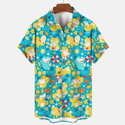 Pokemon Pikachu Gengar Snorlax Shirts floraux Men Femmes Short Short Sleeves Bouton Couple de pyjamas Set Trendy Beach Coat Anime