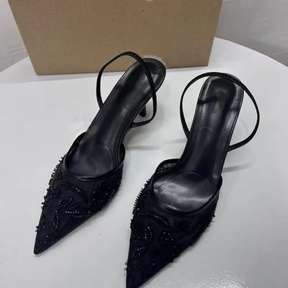 Damen Mesh Floral bestickter Slingback High Heels weibliche offene Ferse Perlen besetzt spitze Zehensandalen sexy Stiletto Lady Mules