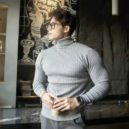 Nya mäns Turtleneck -tröjor Höststickad randig streetwear varm långärmad pullover fast färg Basic Style Casual Tops