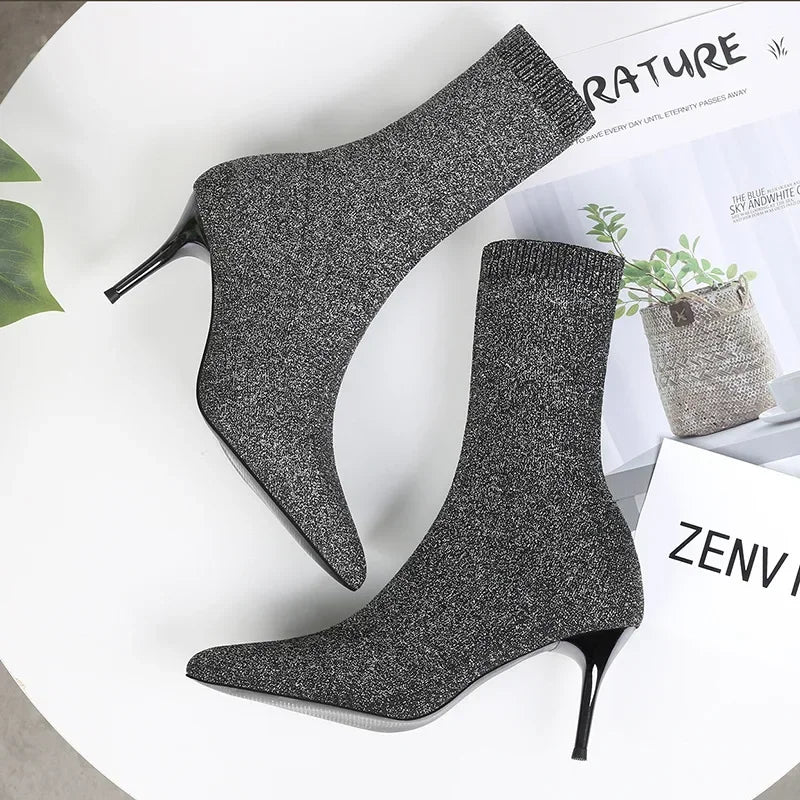 Stivali da calzino sexy stivali da allungamento a maglia tacchi alti per donne scarpe alla moda 2024 stivali caviglia autunno primaverili femminile