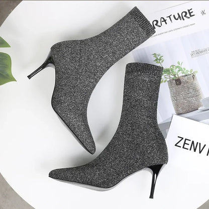 Stivali da calzino sexy stivali da allungamento a maglia tacchi alti per donne scarpe alla moda 2024 stivali caviglia autunno primaverili femminile