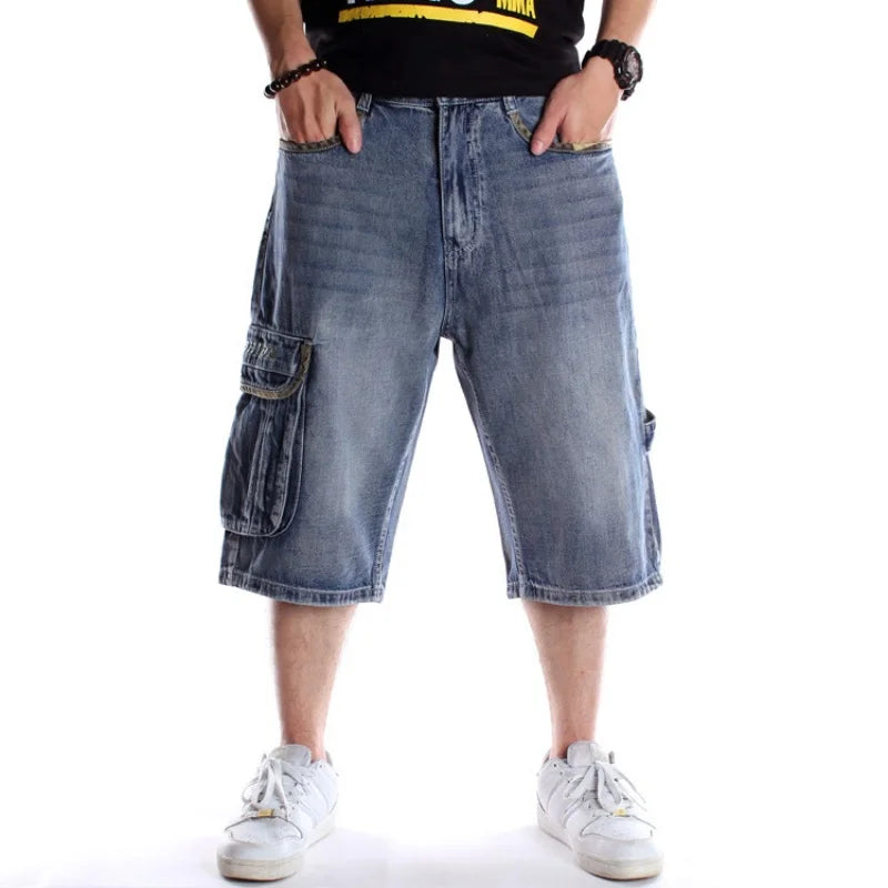 2025 Multiple pockets Mens Plus Size Loose Baggy Denim Shorts Fashion Streetwear Hip Hop Skateboard Cargo Jeans Short for Male