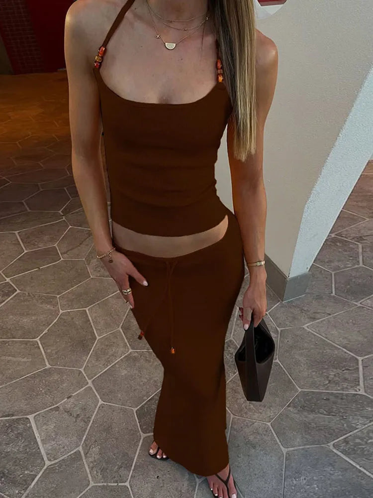 Sisterlinda Simple Summer Matching In Sets Classic Solid Bandage Halter Backless Tanks+Maxi Skirts Female Basic High Street Suit