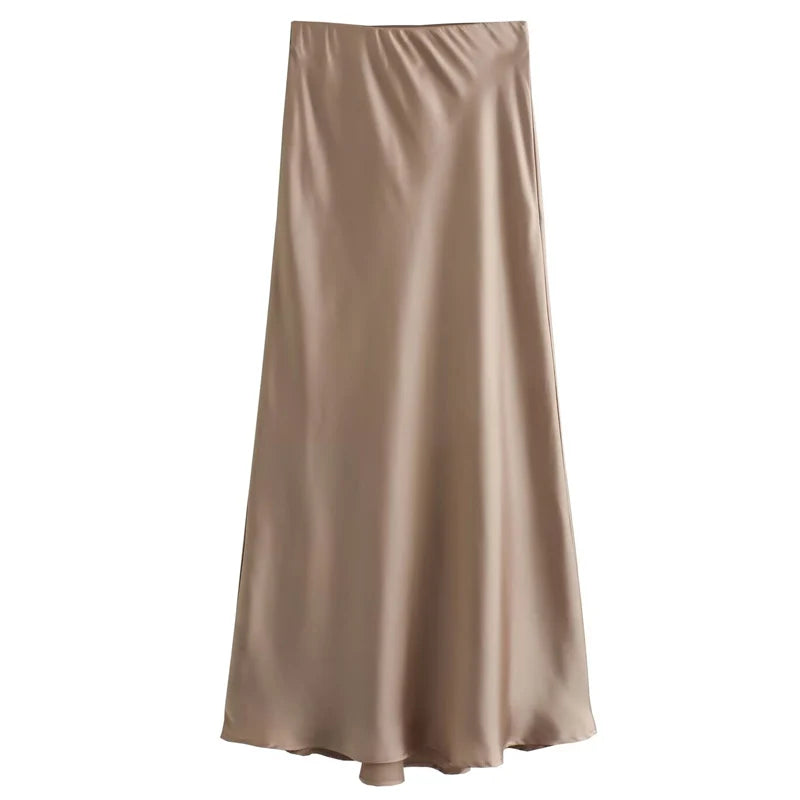 HXAO Women's Satin Long Skirts Black White Green Khaki Skirt Summer Elegant Women's Skirts Luxury Smooth High Waist Skirts 066