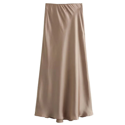 HXAO Women's Satin Long Skirts Black White Green Khaki Skirt Summer Elegant Women's Skirts Luxury Smooth High Waist Skirts 066