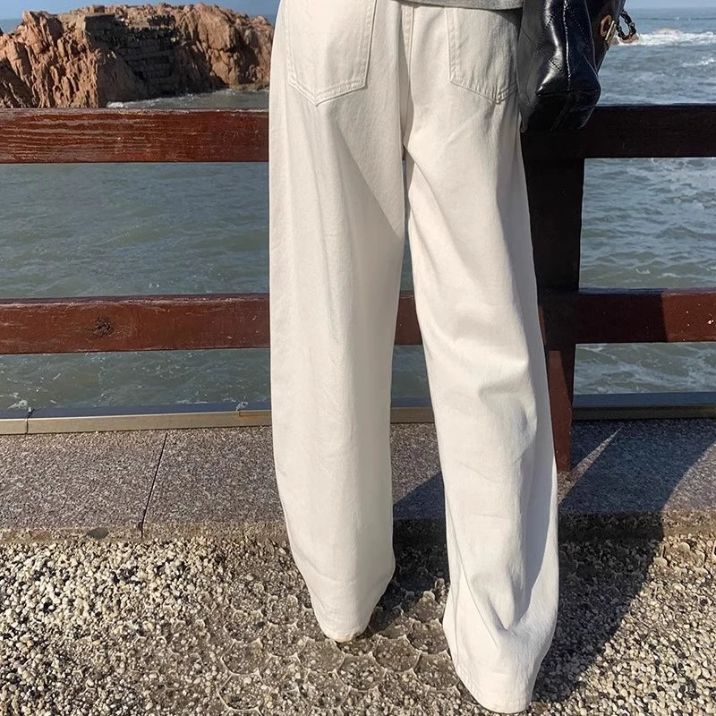 「MD」Loose White Wide Leg Jeans Women Drape High Waist Straight Wide Leg Pants Mopping Pants