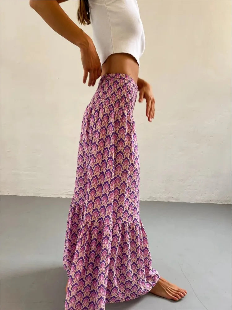 Faldas boho casuales para mujeres nuevas primavera de verano Fashion vintage flojo cintura con estampado floral estilo ético playa maxi falda