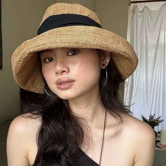 Old Money Style Cotton Linen Sun Hats Women Travel Breathable UV Protection Hat Summer Beach Quiet Luxury Wide Brim Bucket Hats