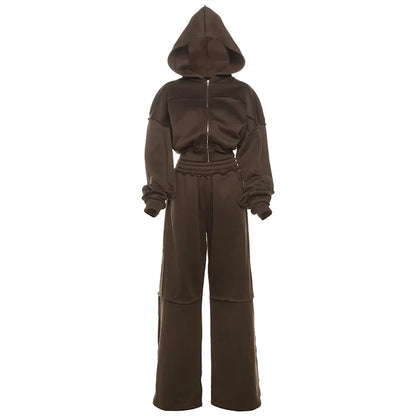 DSMTRC Autumn Winter Outfits High Street Lady Brown Suit Zipper Full Sleeve Hoodies+Low Waist Pants 2Pcs Tracksuit for Woman New