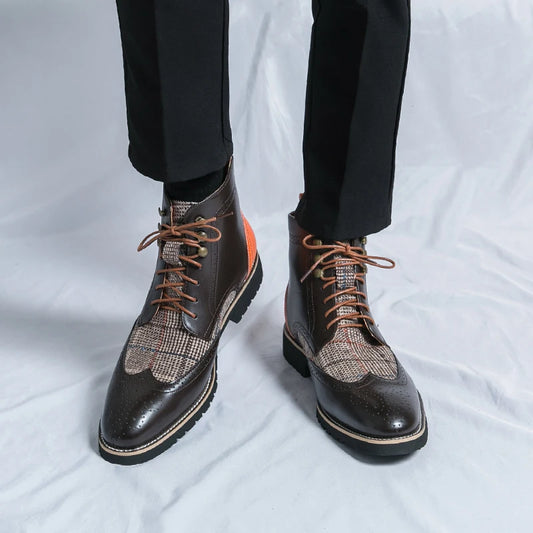 Spring and Autumn Men Mid Top Martin Boots with British Style Carving and Splicing Business Leisure Retro Fashion Short Boots