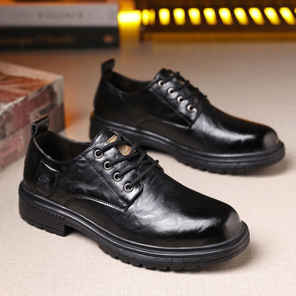 Retro Cow Leather Men's Dress Shoes New Designer Solid Color Platform Shoes Men Fashion Casual Soft-soled Wedding Shoes Male