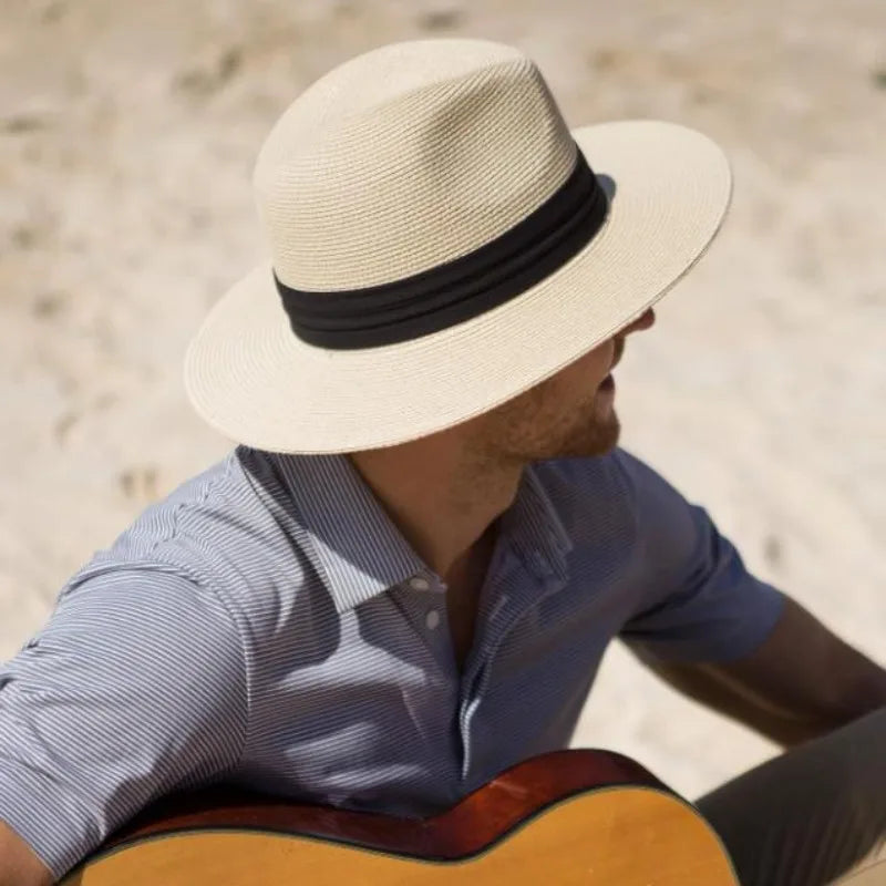 Unisex Panama Straw Hat - leveä reuna -kesärannan aurinkokorkki, säädettävä mitoitus 55-60 cm miehille ja naisille, iso kokoinen fedora