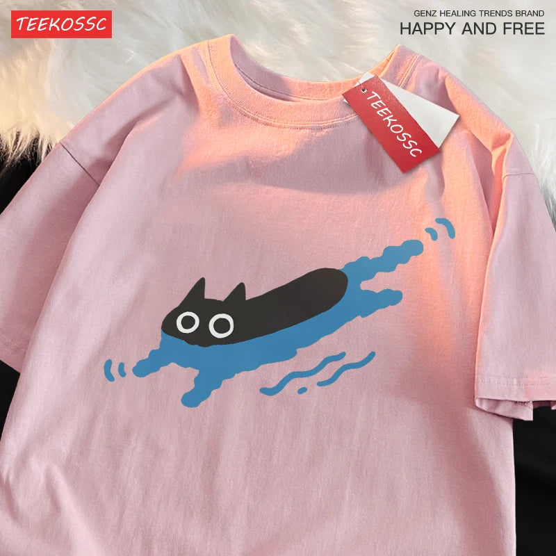 Paar T-stukken zwemmen zwarte kat duiken schouder schouder korte mouwen t-shirt voor mannen vrouwen ademende casual pure katoenen losse tops