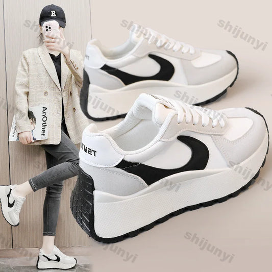 Zapatillas de plataforma de fondo gruesa para mujeres Spring New Mix Color Lace-up Casual Shoes Mujer Dojo redondo Non Slip Vulcanized Sport Zapatos