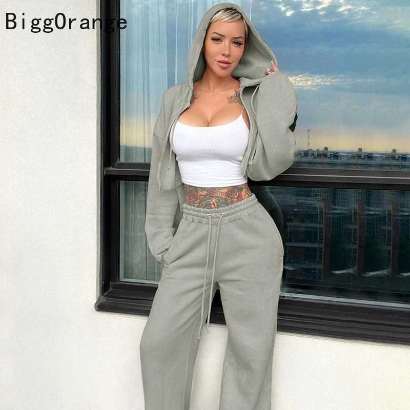 Y2K modă europeană și americană cu glugă scurtă pentru femei Costum sportiv subțire cu mâneci lungi de top cu curea cu centură pantaloni sportivi la modă