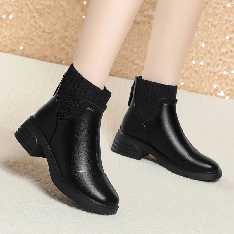 Winter Warm Elegant Anti-slip Medium Heels Thick Plush Short Boots for Woman Zipper Comfort Punk Style Ankle Boots