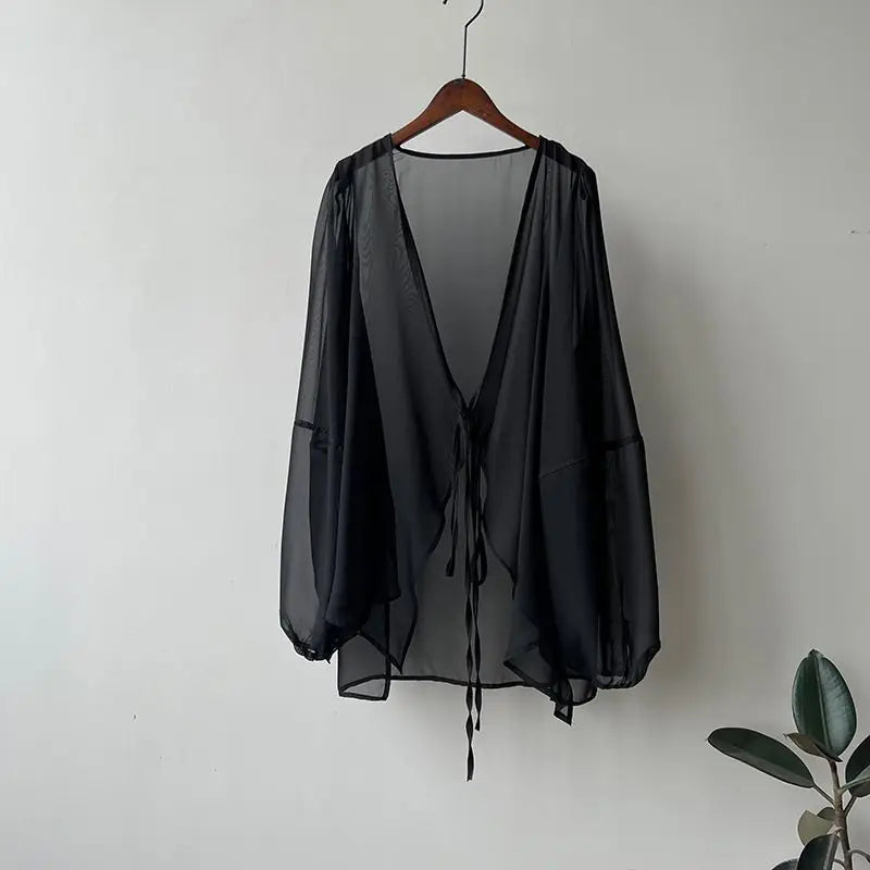 Cămăși pentru femei în v-gât liber cu mânecă lungă cusătură deschisă în stil coreean dantelă simplă Simp solid de vară șifon Minimalist Minimalist Elegant