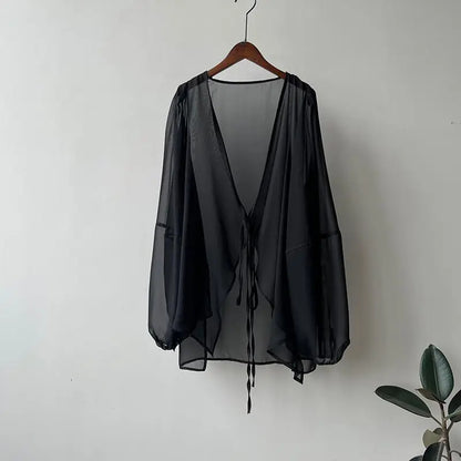 Cămăși pentru femei în v-gât liber cu mânecă lungă cusătură deschisă în stil coreean dantelă simplă Simp solid de vară șifon Minimalist Minimalist Elegant