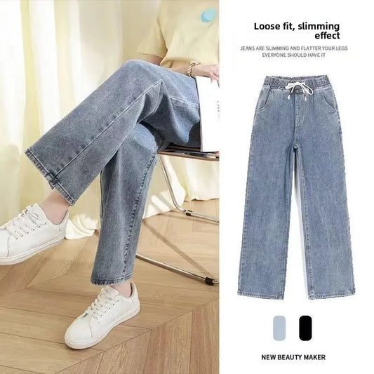 High Waist Wide Leg Straight Cut Light Colored Elastic Waist Denim Jeans for plus Size Women Students Dad Sle Casual Pants