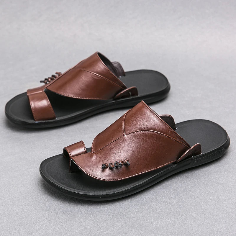 Summer Business Men's Leather Sandals Soft Comfortable Non-Slip Slippers Flip Flops Formal Outdoor Beach Shoes Platform Casual