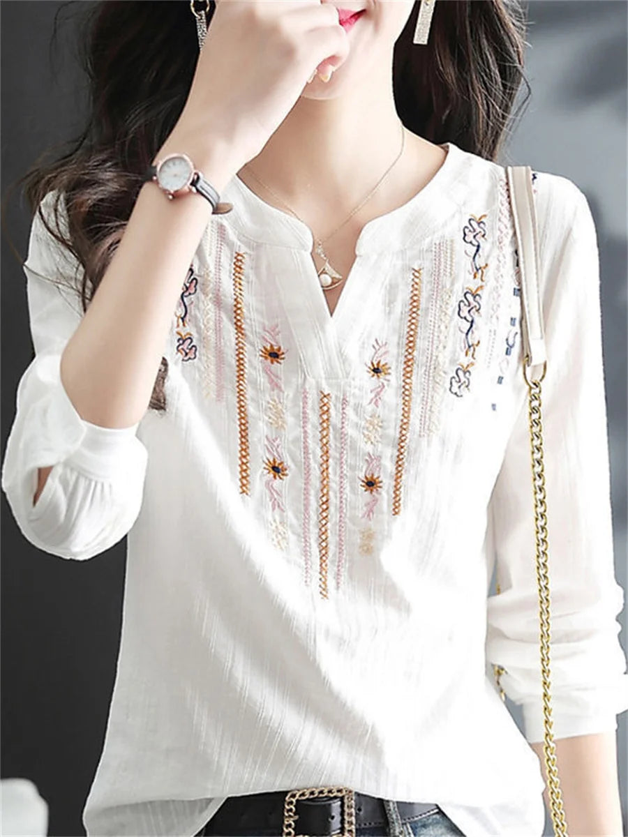 Donne Spring Autumn White Bluse Tops Lady Casual ricamo a v-scollo a v-scollo a maniche lunghe blusas sciolte top top df4272