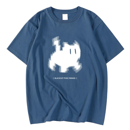 Koreanska mode kvinnors t-shirts svart katt pixel tecknade tryck toppar bekväma mjuka o-hals lösa korta ärm kvinnliga kläder