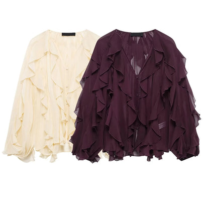 Tangada Women Wine Red Ruffles Shirt Langærmet 2025 Fashion Oversized Blouse Tops 3H0011