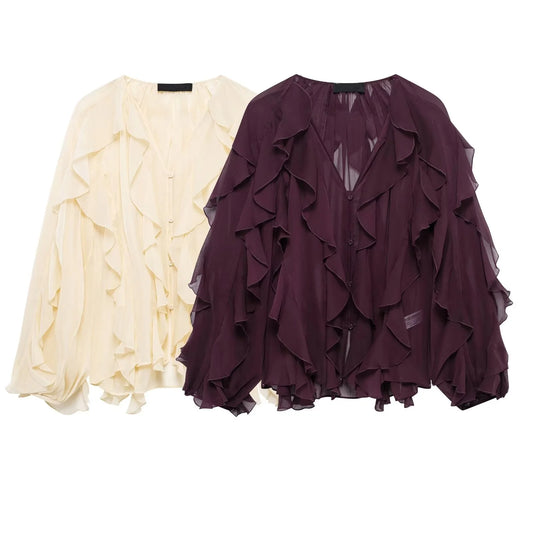 Tangada Women Wine Ruffles Red Cămașă cu mânecă lungă 2025 Bluză de bluză supradimensionată 3H0011