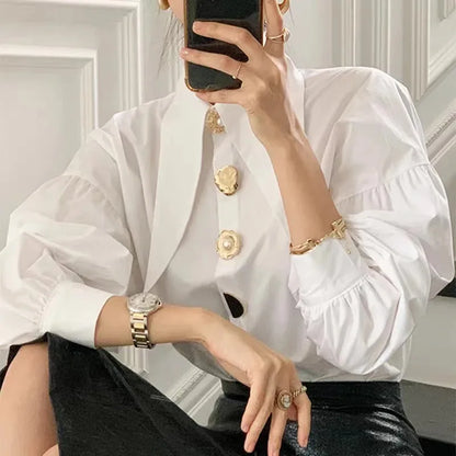 Bijele elegantne biserne žene košulje korejski oštar kutni ovratnik labavi dugi rukavi dame bluza y2k moda novi chic ženski vrhovi