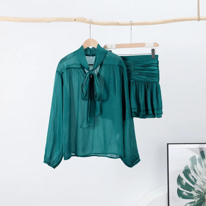 Elegant båge snörning upp toppkjolar uppsättningar för kvinnor o-hals lång lykta ärm blusar hög midja veckad kjol 2025 höst dam outfit