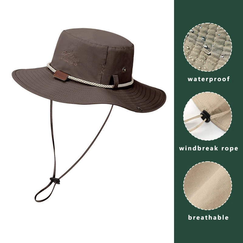 Men Bucket pălărie scrisoare de broderie etichetă din piele cowboy pălărie impermeabilă exterioară exterioară capac de pescuit ușor 8cm brim anti-uv pălărie de soare