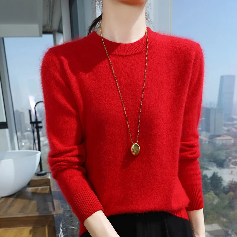 Nuovo maglione in pelliccia di pelliccia Pullover femminile a colori solidi Cashmere maglione a maglia a maglia a maglia e invernale Pullover rotondo Pullover di fascia alta