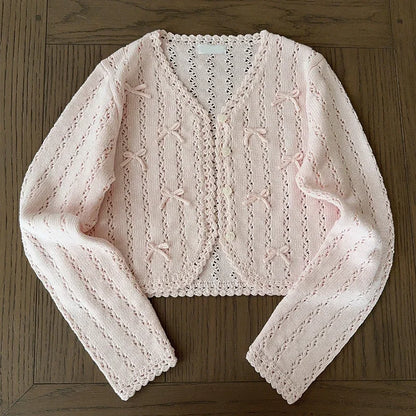 Cardigans de malha doces Mulheres Mão de Crochê Decoração do Coração Hollow Out suéteres para garotas de Kawaii