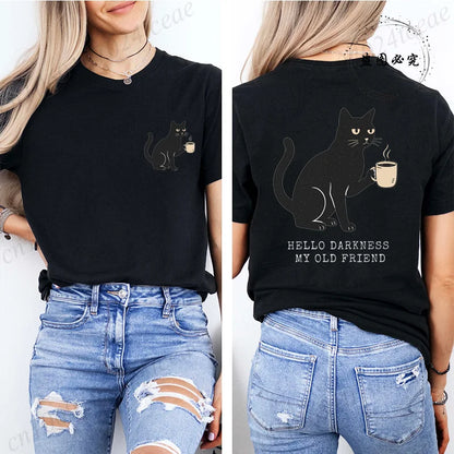 Labava grafička hellom tamnes smiješna majica crni mačji print majica kratki rukavi vrat casual vrh za ljetnu halloween žensku odjeću