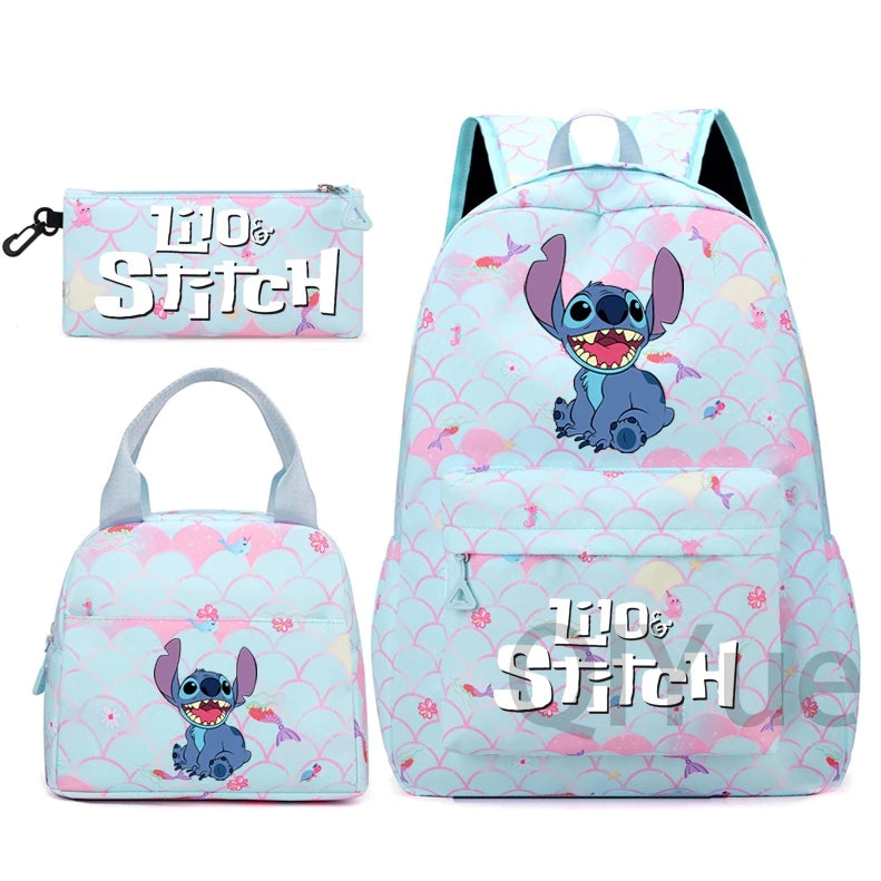 Disney Lilo Stitch Backpack Set for Girl Teen Student Back To School Knapsack Women Rucksack Mermaid Style Lunch Bag Pencil Case