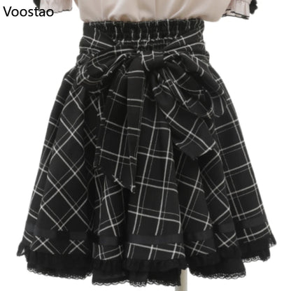 Gothic Lolita trak dvojna premca z visokim pasom krilo ženske sladke bisere Buckle čipkaste krilo japonsko luštno a-line mini krila