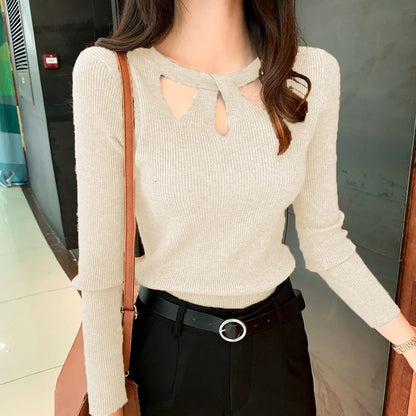 Women's O-neck Stretch Sexy Pullover Lady 2024 Autumn Winter Hollow Solid Color Sweater Slim Bottoming Shirt Jumper Sueter 16639