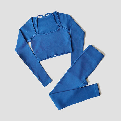 Women Yoga Set Gym Clothing Tracksuit Long Sleeve Crop Top One Shoulder Bra High Waist Seamless Leggings Fitness Sports Suits